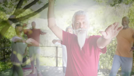 Animation-Von-Lichtpunkten-Und-Bäumen-über-Verschiedenen-älteren-Menschen,-Die-Im-Garten-Yoga-Praktizieren