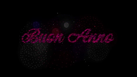 Animation-of-buen-anno-text-and-fireworks-exploding-on-black-background