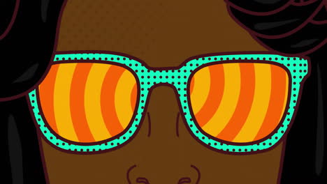 Animation-of-woman-wearing-glasses-over-background-with-orange-circles