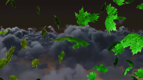 Animation-of-green-leaves-blowing-over-storm-clouds-in-night-sky