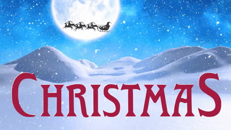 Animation-Von-Weihnachtstext,-Weihnachtsmann-Im-Schlitten-Und-Schnee-Fällt-über-Winterlandschaft
