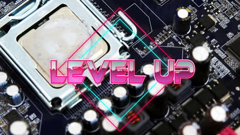 Animation-of-level-up-text-over-neon-pattern-and-circuit-board