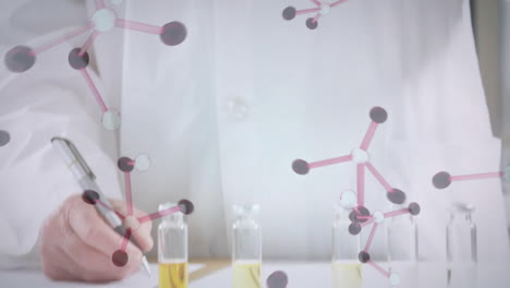 Animación-De-Moléculas-Químicas-Sobre-Un-Científico-Caucásico-Tomando-Muestras-En-El-Laboratorio