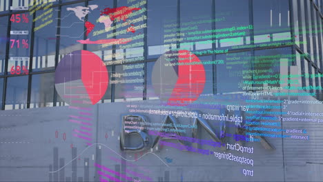 Animation-Der-Verarbeitung-Finanzieller-Daten-über-Einem-Bankgebäude