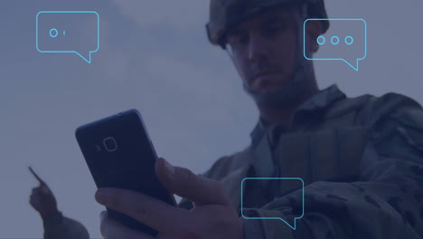 Animation-of-ai-data-processing-over-caucasian-soldier-using-smartphone
