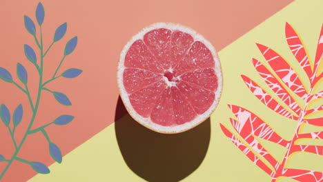 Composition-of-halved-grapefruit-and-red-and-blue-leaves-on-yellow-and-red-background