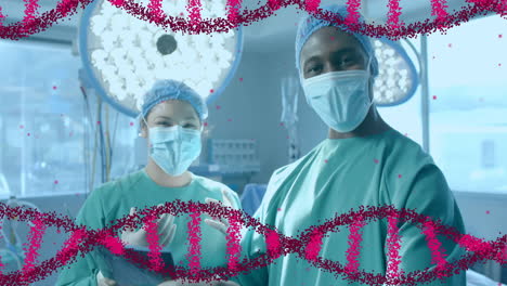 Animación-De-La-Cadena-De-ADN-Y-Procesamiento-De-Datos-Científicos-Sobre-Diversos-Cirujanos-En-El-Hospital.