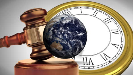 Animation-of-spinning-globe-and-clock-moving-over-gavel