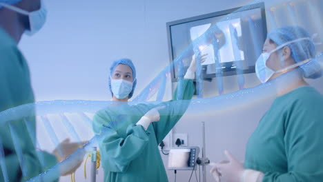 Animation-Eines-DNA-Strangs-über-Verschiedenen-Chirurgen-Im-Krankenhaus