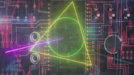 Animation-of-neon-scope,-digital-data-processing-over-computer-circuit-board