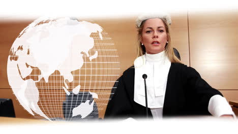 Animation-of-spinning-globe-over-caucasian-female-judge