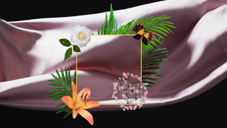 Animation-Eines-Rahmens-Mit-Blumen-über-Schwebendem-Stoff-Auf-Schwarzem-Hintergrund