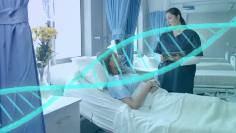 Animation-Eines-DNA-Strangs-über-Verschiedenen-Ärztinnen-Und-Patienten-Im-Krankenhaus