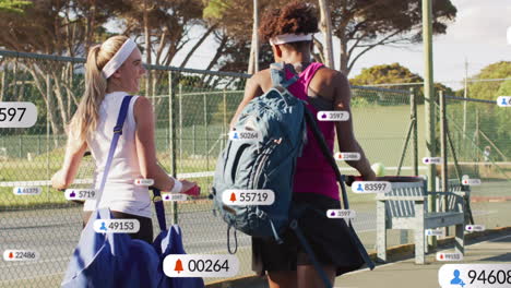 Animation-of-digital-data-processing-over-diverse-female-tennis-players