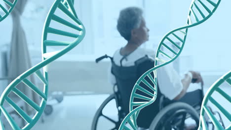 Animation-of-dna-strands-over-african-american-female-patient-in-wheelchair