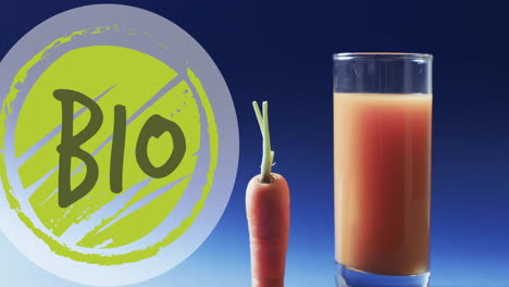 Animation-of-bio-text-on-green-circle-over-carrot-and-glass-of-carrot-juice-on-blue-background