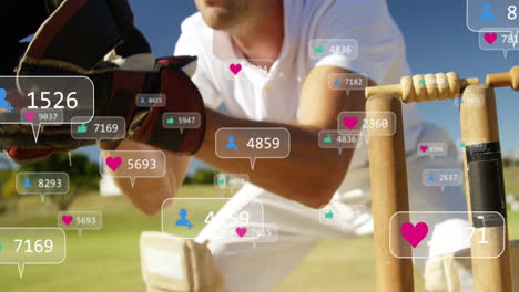 Animation-of-digital-data-processing-over-caucasian-cricket-player-on-field
