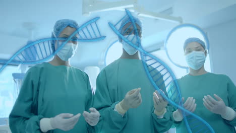 Animation-Von-DNA-Strängen-über-Verschiedenen-Chirurgen-Im-Krankenhaus