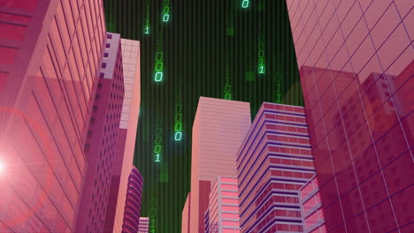 Animation-of-binary-coding,-financial-data-processing-over-bank-buildings