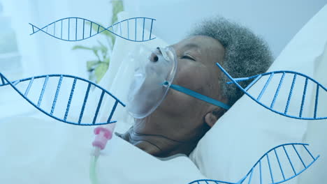 Animation-of-dna-strands-over-african-american-female-patient-with-oxygen-mask-in-hospital