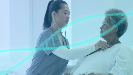 Animation-of-dna-strand-over-diverse-female-doctor-and-patient-in-hospital