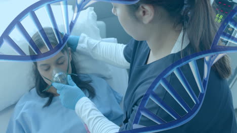 Animation-of-dna-strands-over-diverse-female-doctor-and-patient-with-oxygen-mask-in-hospital