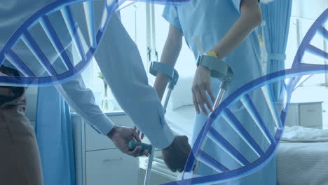 Animation-of-dna-strand-over-diverse-male-doctor-and-female-patient-in-hospital