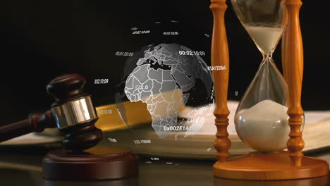 Animation-of-data-processing-map-and-globe-over-hourglass-and-gavel