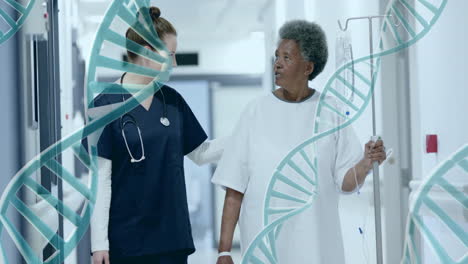 Animation-Von-DNA-Strängen-über-Verschiedenen-Ärztinnen-Und-Patienten-Im-Krankenhaus