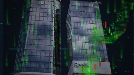 Animation-Der-Binärcodierung,-Verarbeitung-Finanzieller-Daten-über-Bankgebäuden