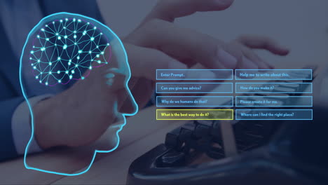 Animation-of-brain-and-ai-data-processing-over-caucasian-woman-using-computer
