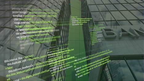Animation-Der-Verarbeitung-Finanzieller-Daten-über-Bankgebäuden