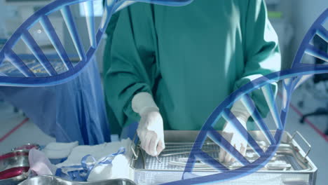 Animation-of-dna-strands-over-diverse-surgeons-in-hospital