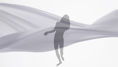 Animation-of-silhouette-of-woman-dancing-and-floating-cloth-on-white-background