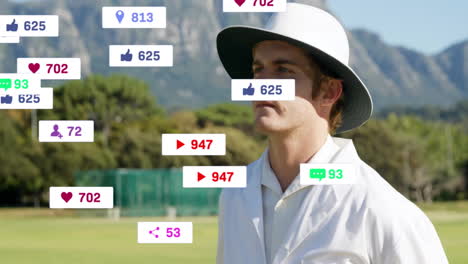Animation-of-digital-data-processing-over-caucasian-cricket-umpire-on-field