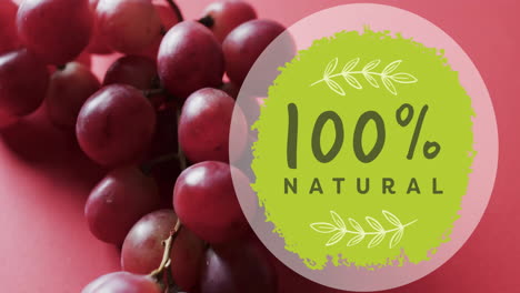 Animation-of-100-percent-natural-text-on-green-circle-over-red-grapes-on-pink-background