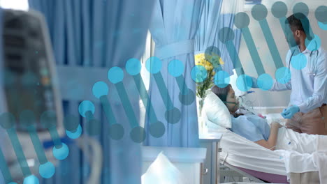 Animation-of-dna-strand-over-diverse-male-doctor-and-patient-in-hospital
