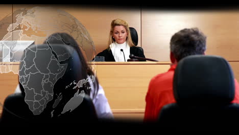 Animation-of-spinning-globe-over-caucasian-female-judge-during-lawsuit