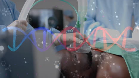 Animation-of-dna-strand-over-diverse-surgeons-and-patient-during-operation-in-hospital