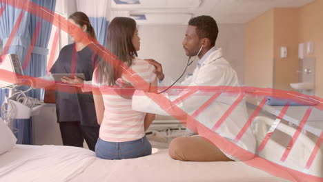 Animation-of-dna-strand-over-diverse-male-doctor-and-patient-in-hospital