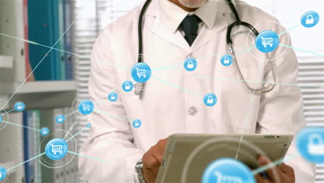 Animation-of-network-of-connections-with-icons-over-caucasian-male-doctor-using-tablet