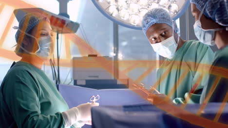 Animation-of-dna-strand-over-diverse-surgeons-in-hospital