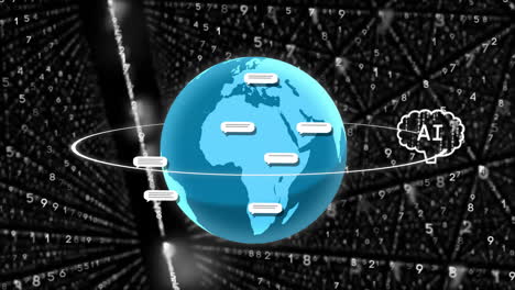 Animation-Der-Globus--Und-KI-Datenverarbeitung-Auf-Schwarzem-Hintergrund