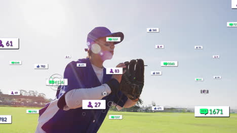 Animation-of-digital-data-processing-over-biracial-female-baseball-player-on-field