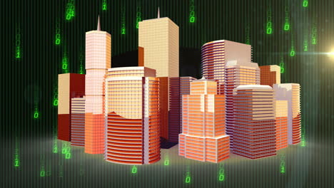 Animation-Der-Binärcodierung,-Verarbeitung-Finanzieller-Daten-über-Stadtlandschaft