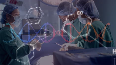 Animation-Des-DNA-Strangs-Und-Wissenschaftliche-Datenverarbeitung-über-Verschiedene-Chirurgen-Im-Krankenhaus
