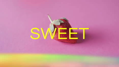 Animation-of-sweet-text-over-strawberry-on-pink-background