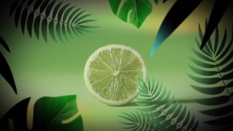 Komposition-Aus-Tropischen-Blättern-über-Halbierter-Limette-Auf-Grünem-Hintergrund