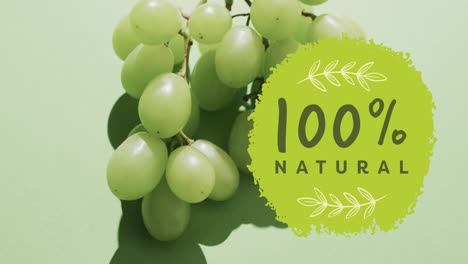 Animation-of-100-percent-natural-text-on-circle-over-grapes-on-green-background
