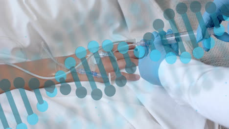 Animation-Eines-DNA-Strangs-über-Einem-Männlichen-Arzt-Und-Einem-Patienten-Im-Krankenhaus